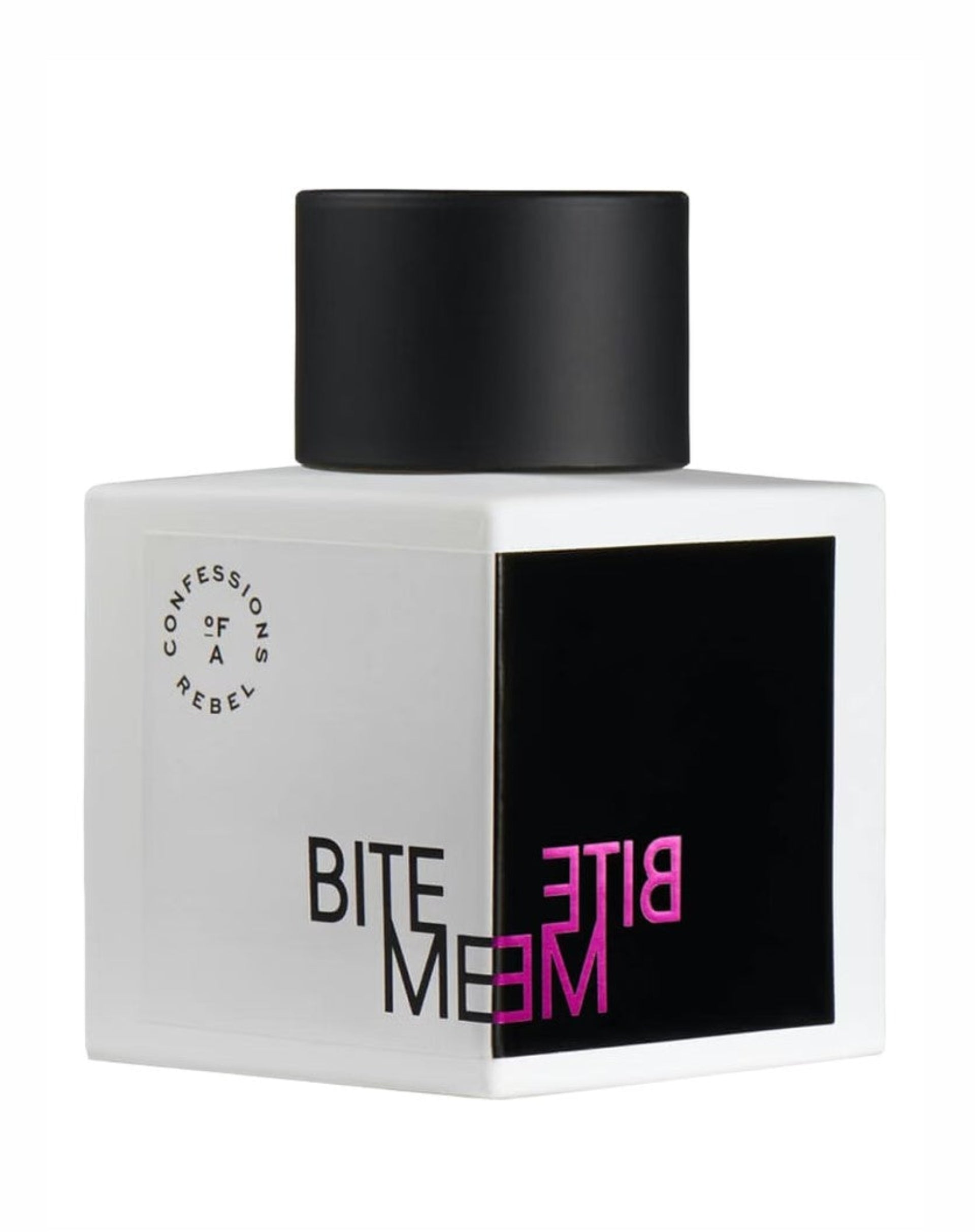 Confessions_of_a_Rebel_Bite_me Perfume bottle labeled 'Bite Me' with black and white design on a white background