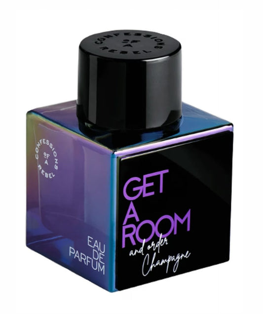 Confessions of a Rebel Get a room and order champagne Perfume bottle with black cap and colorful label on a white background
