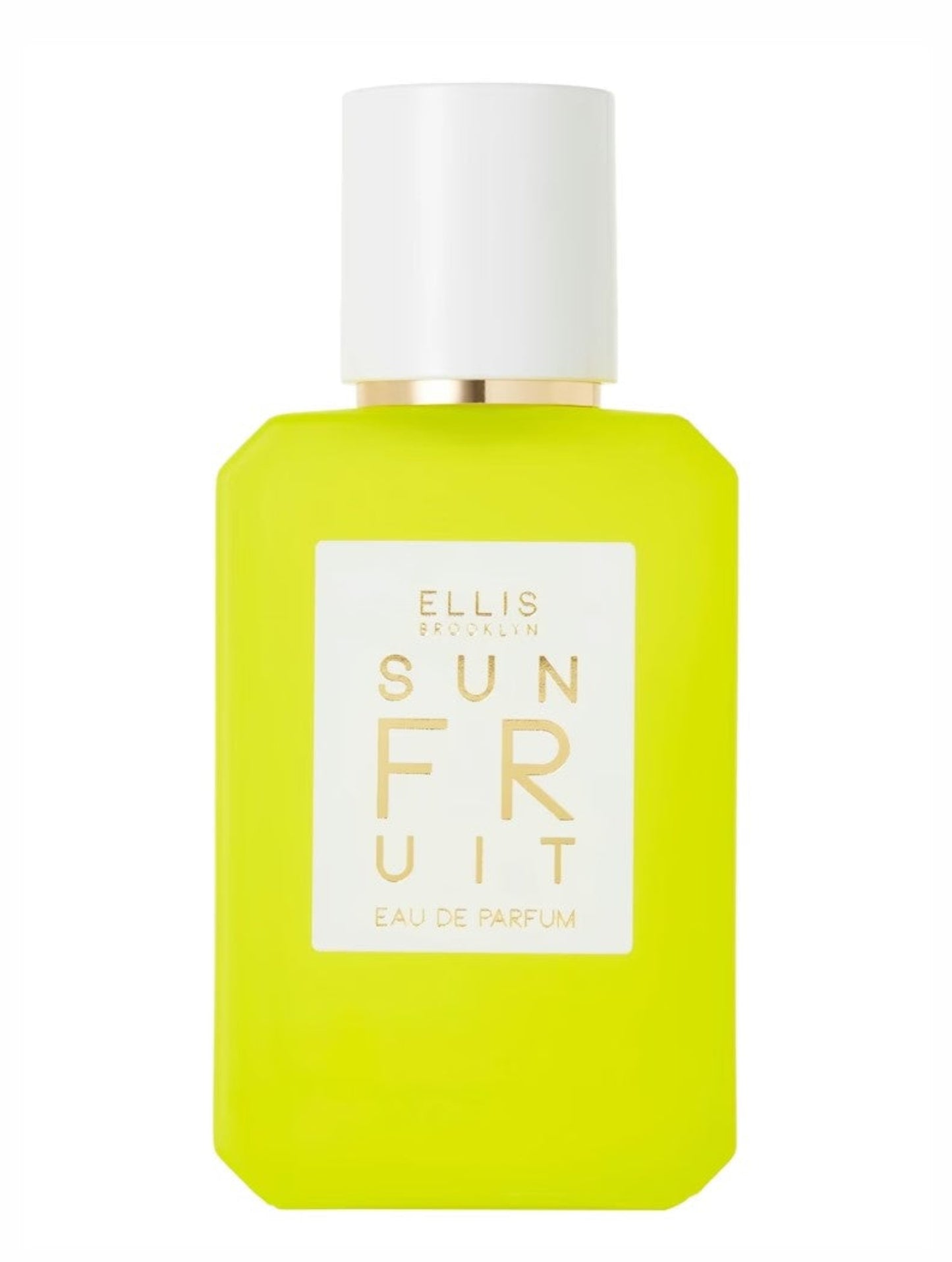 Yellow perfume bottle with white cap labeled 'Sun Fruit' by Ellis Brooklyn on a white background