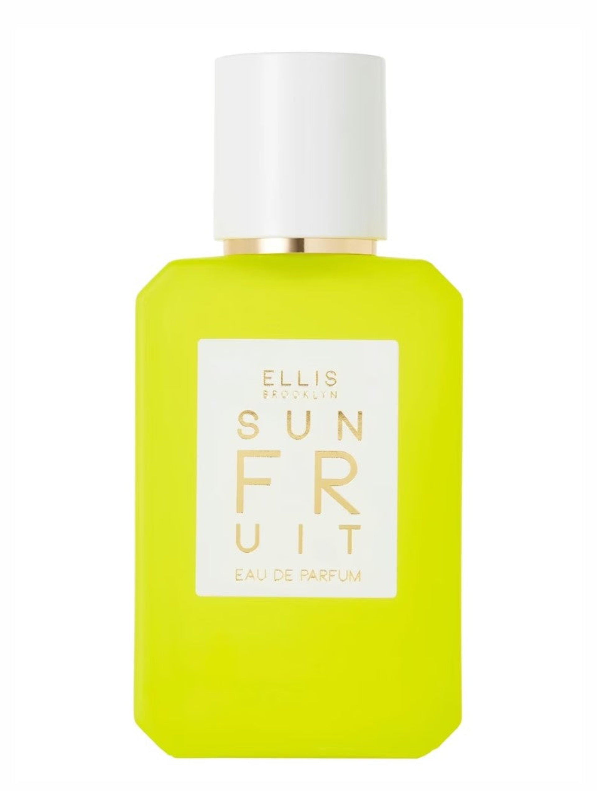 Yellow perfume bottle with white cap labeled 'Sun Fruit' by Ellis Brooklyn on a white background