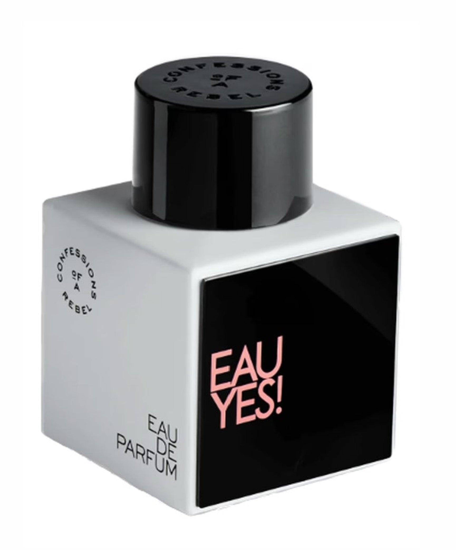 confessions of a rebel eau yes Perfume bottle with black cap and 'EAU YES!' text on a white background