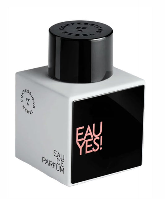 confessions of a rebel eau yes Perfume bottle with black cap and 'EAU YES!' text on a white background