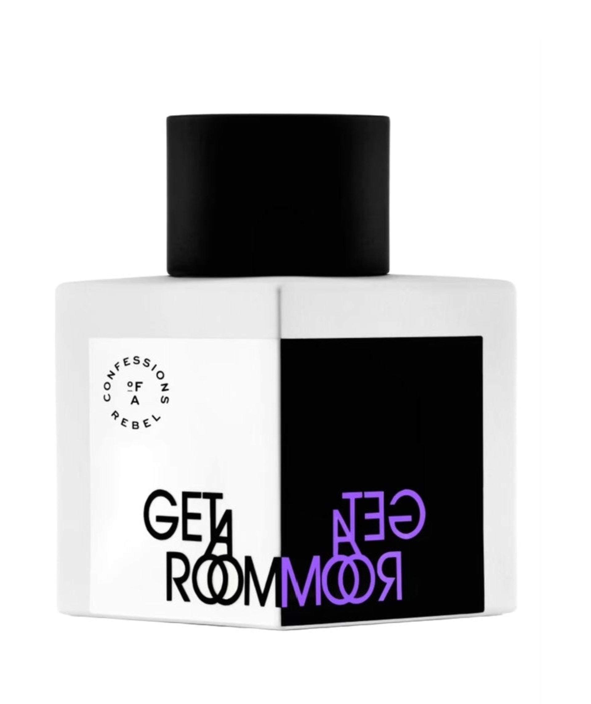 confessions of a rebel get a room Perfume bottle with black cap and white body featuring 'Geta Room' branding on a white background